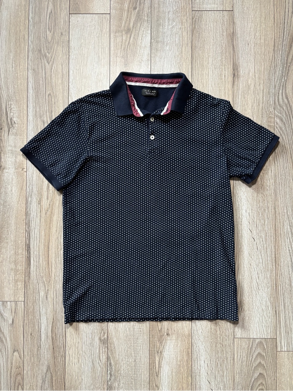 Zara Man 100% Cotton Navy Blue Polka Dot Polo Shirt Size Small Preppy Office